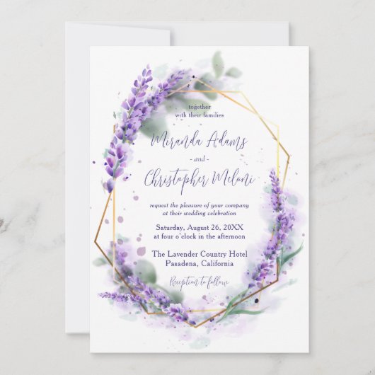 Elegant Calligraphy Purple Lavender Floral Wedding 招待状 (正面)