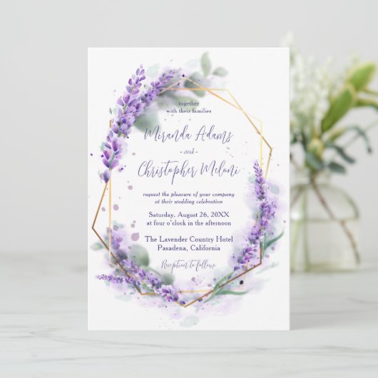 Elegant Calligraphy Purple Lavender Floral Wedding 招待状 (スタンド正面)