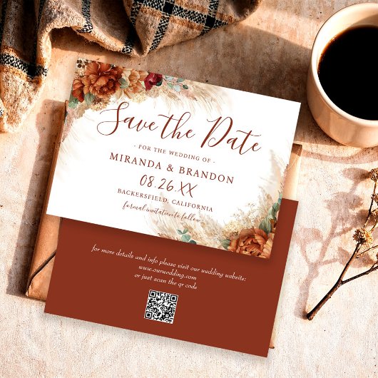 Elegant Calligraphy QR Code Floral Boho Wedding セーブザデート
