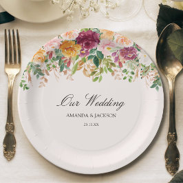 Elegant Calligraphy Rose Garden Floral Wedding ペーパープレート