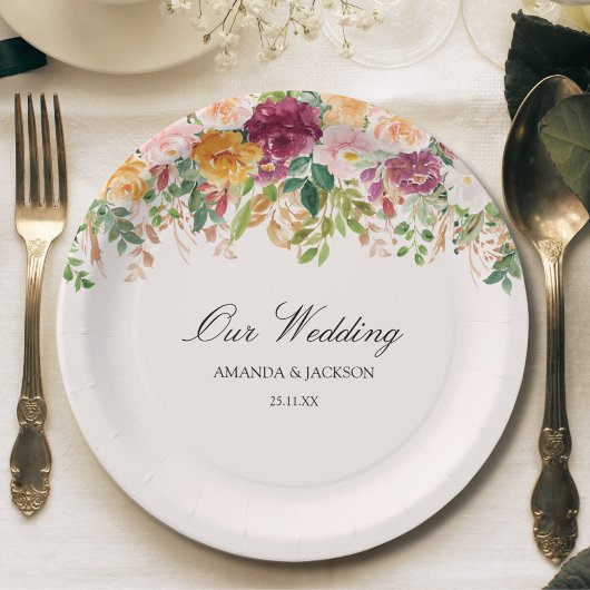 Elegant Calligraphy Rose Garden Floral Wedding ペーパープレート