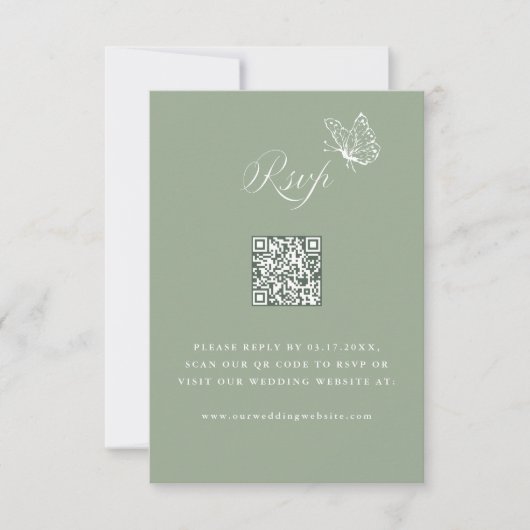 Elegant Calligraphy Sage Green Wedding QR Code 出欠カード (正面)