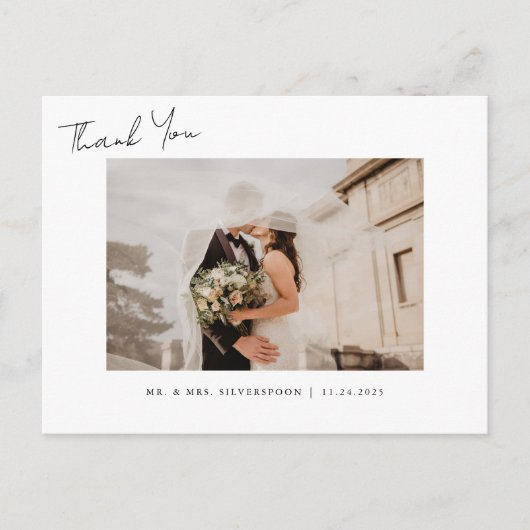 Elegant Calligraphy Script Wedding Photo Thank You ポストカード (正面)