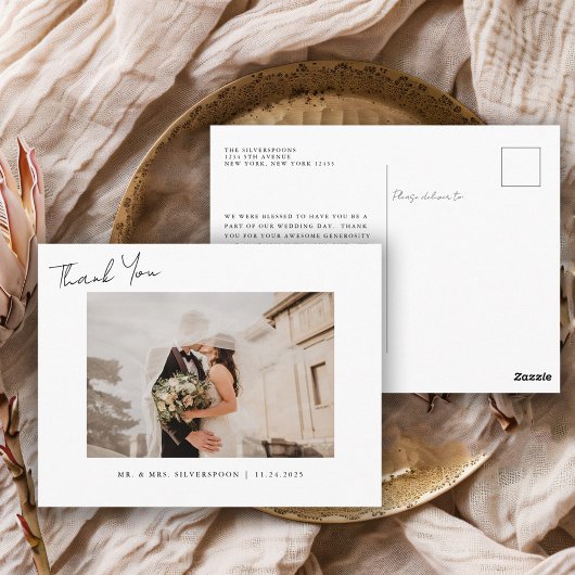 Elegant Calligraphy Script Wedding Photo Thank You ポストカード
