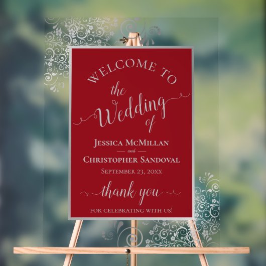 Elegant Calligraphy Silver & Red Wedding Welcome アクリルサイン (ニュートラル)