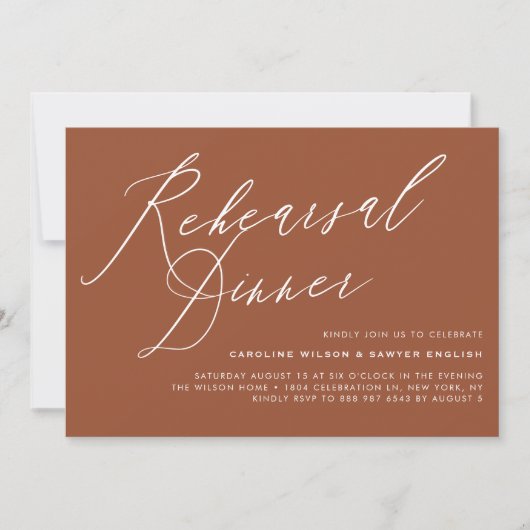 Elegant Calligraphy Terracotta Rehearsal Dinner 招待状 (正面)