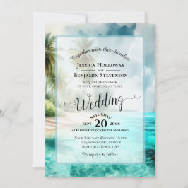 Elegant Calligraphy Tropical Beach QR Code Wedding 招待状