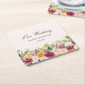 Elegant Calligraphy Watercolor Rose Flower Wedding スクエアペーパーコースター (アングル)
