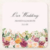 Elegant Calligraphy Watercolor Rose Flower Wedding スクエアペーパーコースター (正面)