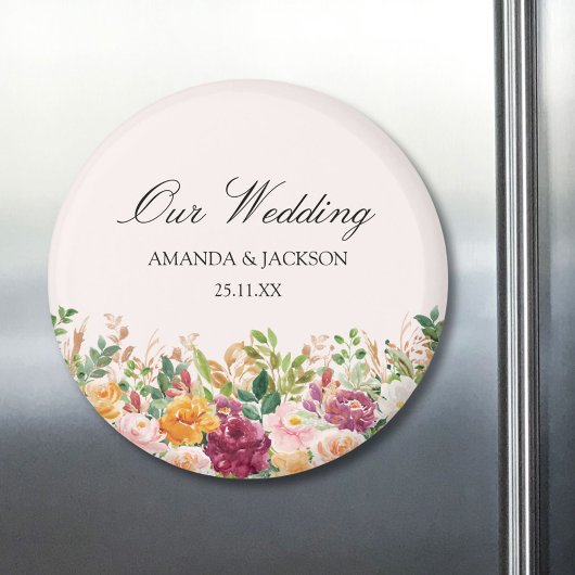 Elegant Calligraphy Watercolor Rose Flower Wedding マグネット