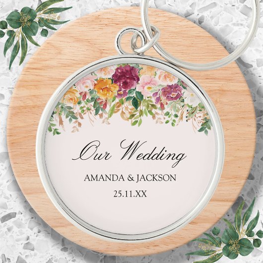 Elegant Calligraphy Watercolor Rose Garden Wedding キーホルダー