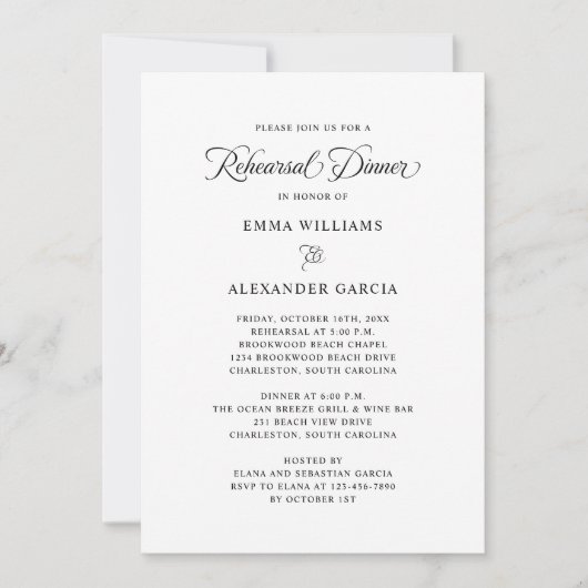 Elegant Calligraphy Wedding Rehearsal Dinner Black 招待状 (正面)