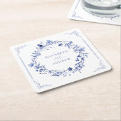 Elegant Calligraphy Wreath Wedding Reception スクエアペーパーコースター (アングル)