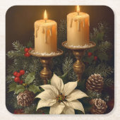 Elegant candle Christmas holly pine warm festive  スクエアペーパーコースター (正面)