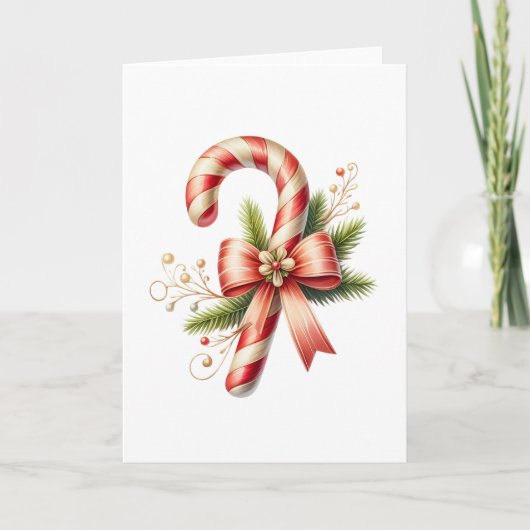 Elegant Candy Cane with Red Bow and Pine Sprigs カード (正面)