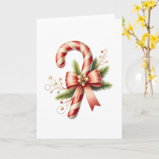 Elegant Candy Cane with Red Bow and Pine Sprigs カード (黄色い花)