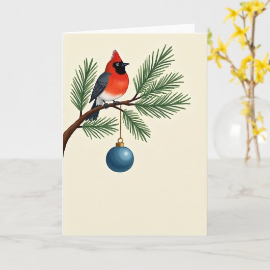 Elegant Cardinal Bird Christmas Card Pine Branch カード (黄色い花)
