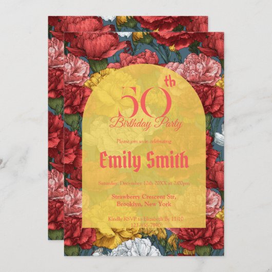 Elegant Carnation Themed Milestone Birthday 招待状 (正面/裏面)