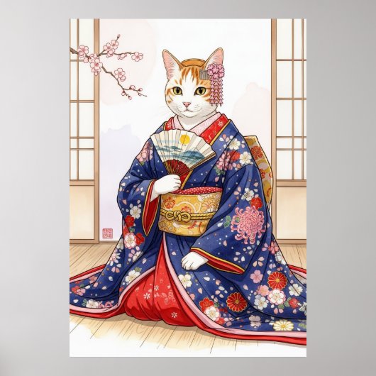 Elegant Cat in Traditional Japanese Kimono Cute ポスター (正面)