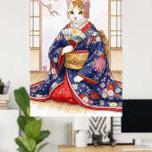Elegant Cat in Traditional Japanese Kimono Cute ポスター (ホームオフィス)