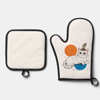 Elegant Cat with Peacock Feather Headdress 鍋つかみ&鍋敷きセット