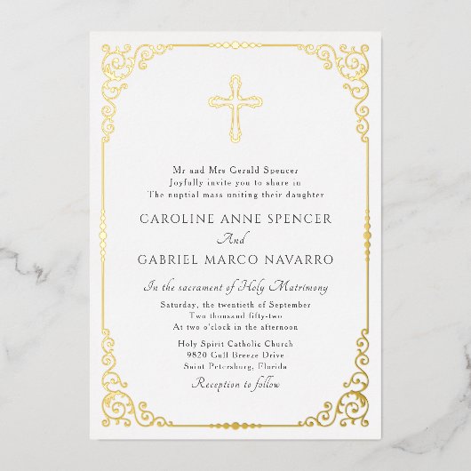 Elegant Catholic Mass Wedding 箔招待状 (正面)