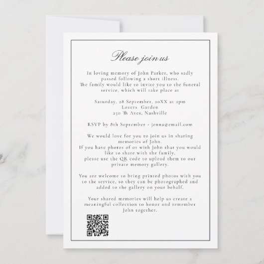 Elegant Celebration of Life Funeral Photo QR Code 招待状 (裏面)
