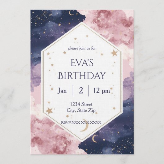 Elegant Celestial Birthday Invitation – Watercolor 招待状 (正面)