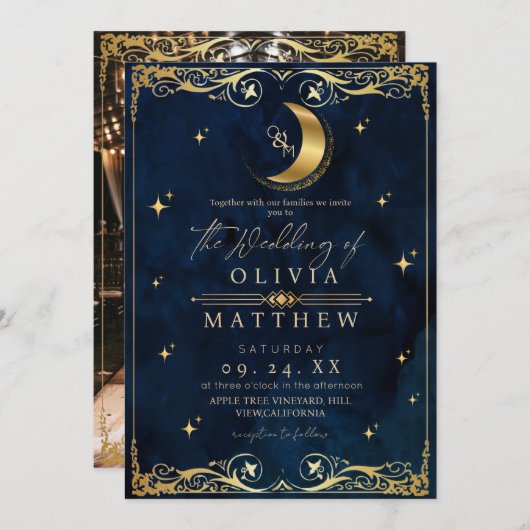 Elegant Celestial Blue Wedding  招待状 (正面/裏面)
