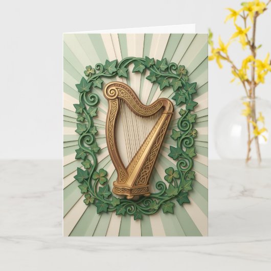 Elegant Celtic Harp Shamrock St Patricks Day カード (黄色い花)