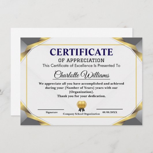 Elegant Certificate of Appreciation Award Template エンクロージャーカード (正面/裏面)