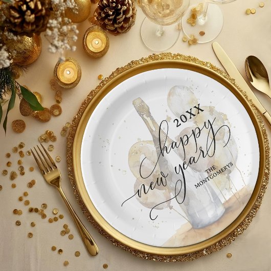 Elegant Champagne and Balloons Happy New Year ペーパープレート