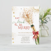 Elegant Champagne Bottle Red Bow Christmas Party 招待状 (スタンド正面)