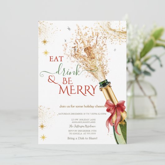 Elegant Champagne Bottle Red Bow Christmas Party 招待状 (スタンド正面)