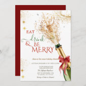 Elegant Champagne Bottle Red Bow Christmas Party 招待状 (正面/裏面)