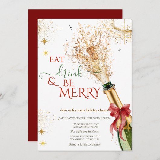 Elegant Champagne Bottle Red Bow Christmas Party 招待状 (正面/裏面)