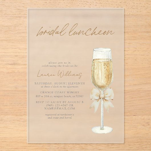 Elegant Champagne Chic Bow Script Bridal Luncheon アクリル招待状 (正面)