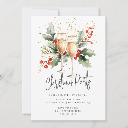 Elegant Champagne Glass Christmas Party Invite 招待状 (正面)