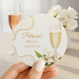 Elegant Champagne Pearls & Prosecco Bridal Shower ラウンドシール