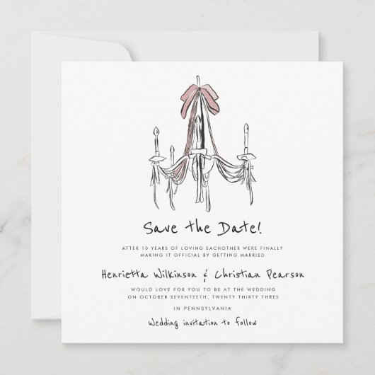 Elegant Chandelier Pink Bow Sketch Save the Date (正面)