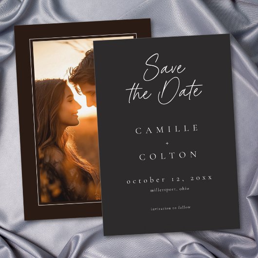 Elegant Charcoal Black Minimalist Wedding Photo セーブザデート