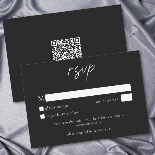 Elegant Charcoal Black Minimalist Wedding QR 出欠カード