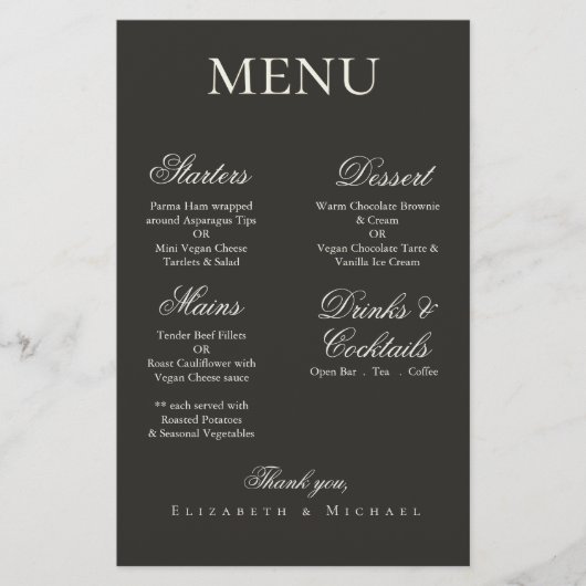 Elegant Charcoal Gold Boho Minimalist Wedding Menu (正面)