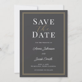 Elegant Charcoal Gray Gold Double Border Wedding  セーブザデート