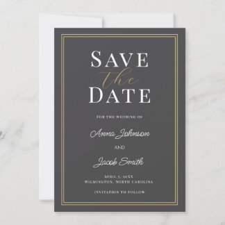 Elegant Charcoal Gray Gold Double Border Wedding  セーブザデート