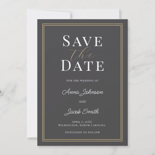 Elegant Charcoal Gray Gold Double Border Wedding  セーブザデート (正面)