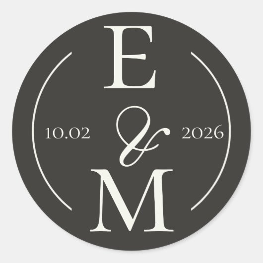 Elegant Charcoal Modern Monogram Date Wedding ラウンドシール (正面)