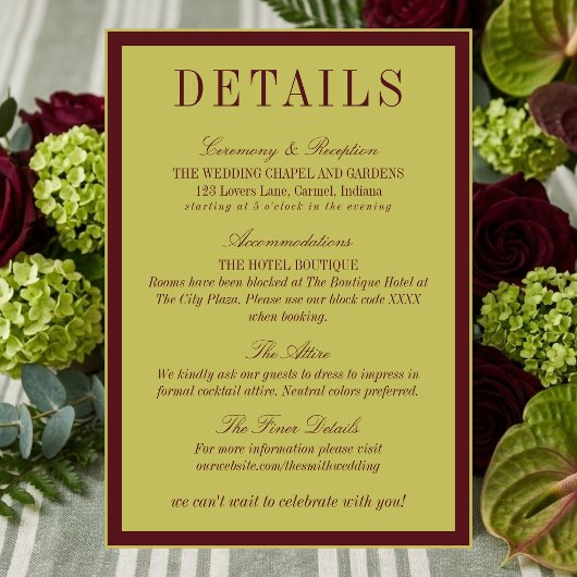 Elegant Chartreuse Burgundy Wedding Details エンクロージャーカード