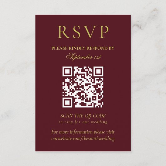 Elegant Chartreuse Burgundy Wedding QR Code 出欠カード (正面)