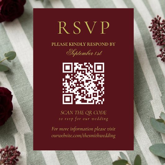 Elegant Chartreuse Burgundy Wedding QR Code 出欠カード